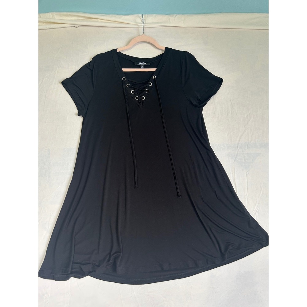Lulus Black Lace Up V-Neck Short Sleeve Swing Mini Dress XL